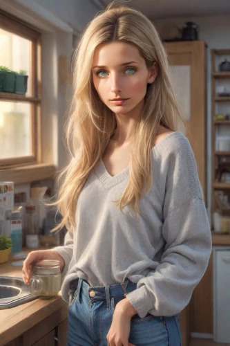 girl in the kitchen,girl with cereal bowl,digital compositing,star kitchen,waitress,olallieberry,angelica,girl with bread-and-butter,almond milk,domestic,vanilla pudding,cynthia (subgenus),confectioner sugar,tea,poppy seed,elsa,kombucha,cottonseed oil,blonde woman,cooking oil