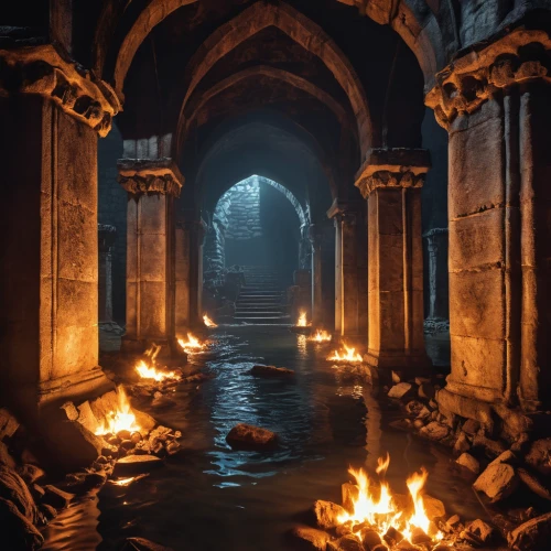 hall of the fallen,fireplaces,floor fountain,the eternal flame,fire and water,underground lake,wishing well,holy places,buddhist hell,catacombs,ranakpur,games of light,sunken church,door to hell,place of pilgrimage,holy place,fireplace,cistern,flooded pathway,the ruins of the,Photography,General,Realistic