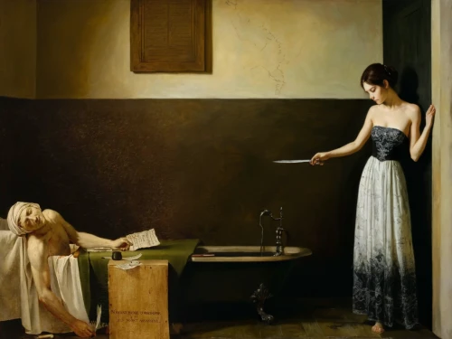the annunciation,laundress,the long-hair cutter,girl studying,girl with cloth,meticulous painting,seamstress,woman hanging clothes,girl in the kitchen,the magdalene,the girl in the bathtub,oil painting,han thom,italian painter,praying woman,oil painting on canvas,dressmaker,cleaning woman,housework,examination room