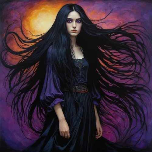 gothic woman,goth woman,gothic portrait,la violetta,mystical portrait of a girl,raven girl,atala,black raven,gothic dress,gothic style,sorceress,gothic fashion,dark angel,rusalka,dark art,raven,goth like,raven bird,violet,gothic,Illustration,Realistic Fantasy,Realistic Fantasy 34