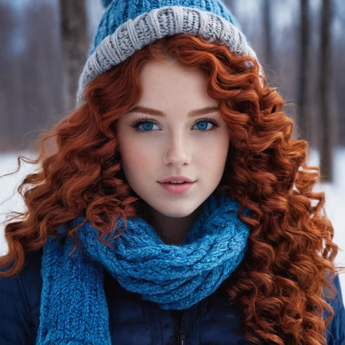 red-haired,redheads,redhead doll,winter hat,redhair,redhead,winterblueher,red head,redheaded,knit hat,the snow queen,curly brunette,winter clothes,winter background,ice princess,red hair,winter clothing,winter dress,girl wearing hat,suit of the snow maiden,Conceptual Art,Fantasy,Fantasy 14