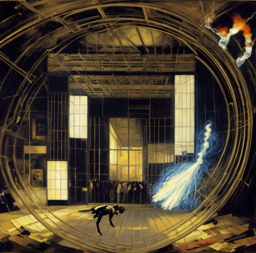 sci fiction illustration,panopticon,fall of the druise,art deco background,bird cage,quarantine bubble,theater curtain,portals,ghost catcher,dance of death,clockmaker,wormhole,pendulum,orrery,stargate,spider silk,quarantine,the threshold of the house,berlin philharmonic orchestra,revolving door,Calligraphy,Painting,Surrealism
