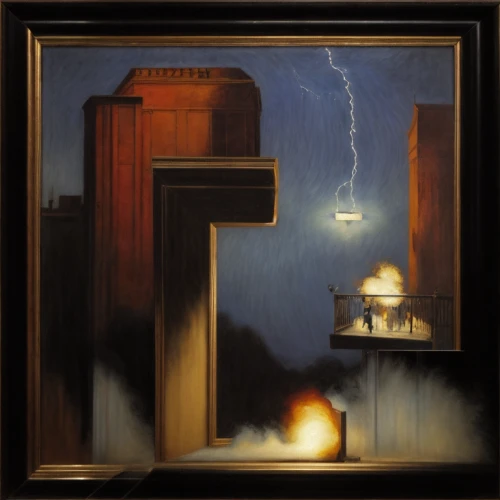 the threshold of the house,play escape game live and win,night scene,outhouse,guillotine,electric lighthouse,cd cover,game illustration,clockmaker,sci fiction illustration,the annunciation,live escape game,capital escape,lamplighter,door to hell,church painting,the conflagration,framing hammer,mortuary temple,the haunted house,Calligraphy,Painting,Surrealism