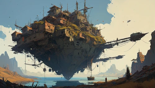 ship wreck,floating island,fantasy landscape,airships,mountain settlement,ancient city,futuristic landscape,airship,ruined castle,wasteland,floating islands,citadel,old earth,bastion,artificial island,post-apocalyptic landscape,imperial shores,cliffs,high landscape,shipwreck,Conceptual Art,Sci-Fi,Sci-Fi 01