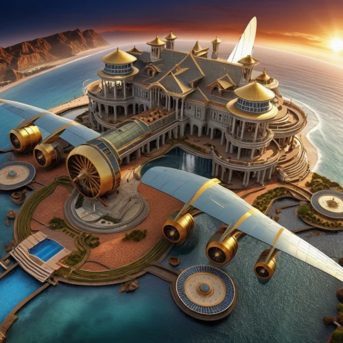 atlantis,solar cell base,house of allah,ancient city,the ancient world,jumeirah,fantasy city,artificial islands,constantinople,artificial island,emirates palace hotel,floating islands,imperial shores,airships,fantasy world,ancient egypt,futuristic landscape,futuristic architecture,house of the sea,gold castle,Photography,General,Realistic