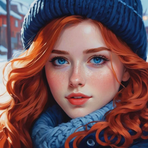 winter hat,winter background,red-haired,winterblueher,girl portrait,redheads,elsa,romantic portrait,beret,red head,winter clothes,winter,girl wearing hat,clementine,redhead doll,winter clothing,fantasy portrait,winter light,redhead,winter dress,Conceptual Art,Fantasy,Fantasy 19