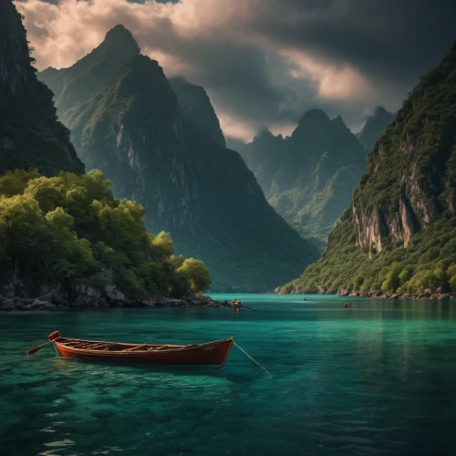 boat landscape,fjord,moorea,southeast asia,teal blue asia,philippines scenery,emerald sea,vietnam,beautiful lake,viking ships,philippines,fantasy landscape,mountain and sea,landscape background,river landscape,calm waters,viking ship,canoes,canoe,french polynesia,Photography,General,Fantasy