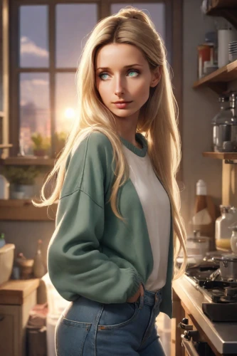 girl in the kitchen,barista,elsa,waitress,cynthia (subgenus),cappuccino,star kitchen,cg artwork,rapunzel,girl in overalls,angelica,girl with bread-and-butter,girl at the computer,cinnamon girl,blonde woman,barmaid,café au lait,woman drinking coffee,chef,female worker