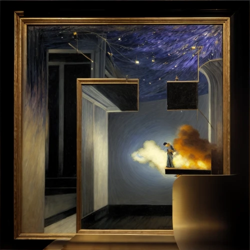surrealism,astronomer,space art,digital compositing,room creator,cd cover,tobacco the last starry sky,night scene,image manipulation,photomanipulation,fractals art,sci fiction illustration,sky space concept,telescope,surrealistic,photo manipulation,random access memory,artistic conception,world digital painting,magic mirror,Calligraphy,Painting,Surrealism