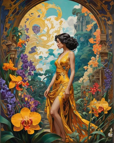 secret garden of venus,girl in flowers,yellow garden,jasmine,jasmine blossom,sunflowers in vase,fantasy art,girl in the garden,girl in a wreath,garden of eden,oriental princess,golden flowers,oriental painting,orientalism,wreath of flowers,fantasy woman,fantasy picture,the garden marigold,rosa ' amber cover,splendor of flowers,Illustration,Realistic Fantasy,Realistic Fantasy 39