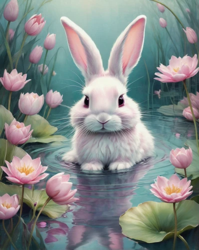 bunny on flower,easter background,springtime background,flower water,bunny,little bunny,spring background,white bunny,flower animal,white rabbit,easter theme,little rabbit,cottontail,easter bunny,deco bunny,gray hare,pond flower,flower background,hare,flower painting,Illustration,Realistic Fantasy,Realistic Fantasy 15