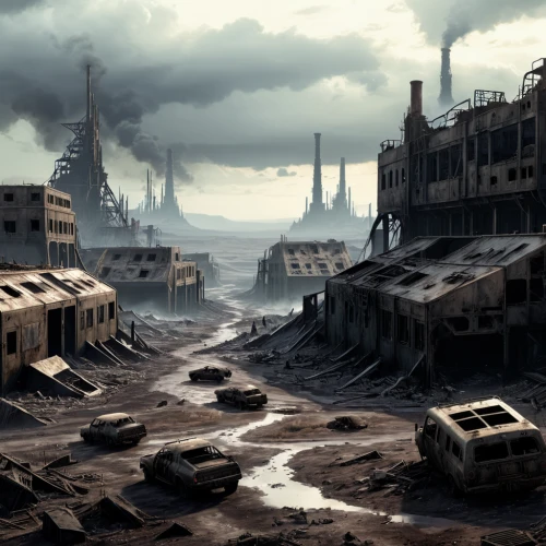 post-apocalyptic landscape,destroyed city,post apocalyptic,wasteland,post-apocalypse,industrial landscape,district 9,apocalyptic,desolation,dystopian,stalingrad,fallout4,futuristic landscape,valley of death,scrapyard,human settlement,lost in war,desolate,war zone,scorched earth,Conceptual Art,Fantasy,Fantasy 33