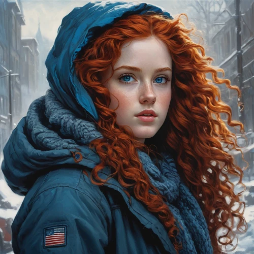 merida,winterblueher,red-haired,redheads,winter background,the snow queen,suit of the snow maiden,red head,girl portrait,fantasy portrait,world digital painting,redhead,winter,winters,mystical portrait of a girl,red coat,redheaded,winter clothing,redhair,snow scene,Conceptual Art,Fantasy,Fantasy 12