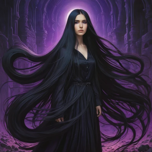 gothic woman,gothic portrait,gothic dress,sorceress,la violetta,the enchantress,goth woman,dark angel,priestess,queen of the night,gothic fashion,rapunzel,gothic style,raven girl,the witch,fantasy portrait,mystical portrait of a girl,raven,gothic,black raven,Illustration,Realistic Fantasy,Realistic Fantasy 44