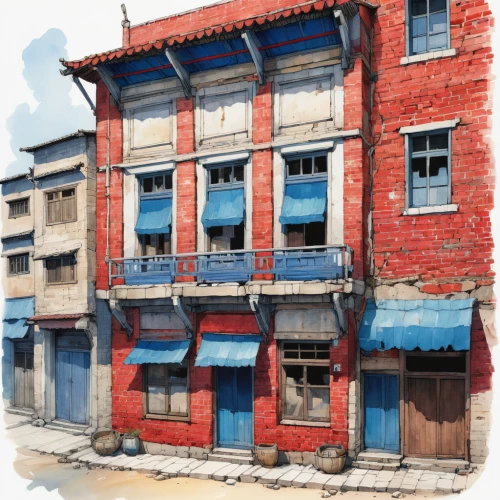 watercolor shops,dilapidated building,facade painting,watercolor tea shop,old buildings,old brick building,chinese architecture,bukchon,old architecture,store fronts,dilapidated,kathmandu,laundry shop,hochiminh,panokseon,watercolor painting,old houses,tenement,watercolor sketch,hanoi,Illustration,Paper based,Paper Based 07