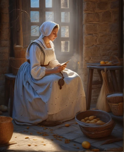 girl with bread-and-butter,woman praying,woman holding pie,praying woman,candlemaker,woman at the well,girl in the kitchen,milkmaid,basket maker,woman drinking coffee,laundress,basket weaver,girl praying,the prophet mary,biblical narrative characters,candlemas,church painting,cheesemaking,girl studying,gingerbread maker,Photography,General,Natural