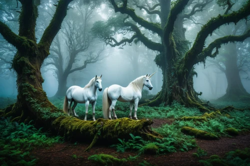 beautiful horses,white horses,fairytale forest,elven forest,equines,enchanted forest,arabian horses,two-horses,horses,fairy forest,forest animals,andalusians,foggy forest,wild horses,fantasy picture,white horse,equine,a white horse,forest of dreams,albino horse,Photography,General,Fantasy