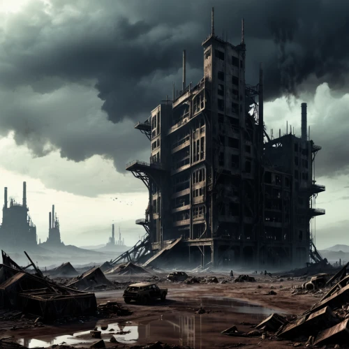 post-apocalyptic landscape,destroyed city,industrial landscape,industrial ruin,post apocalyptic,post-apocalypse,wasteland,dystopian,lostplace,desolation,ruin,apocalyptic,lost place,ruins,desolate,ancient city,dystopia,futuristic landscape,black city,refinery,Conceptual Art,Fantasy,Fantasy 33