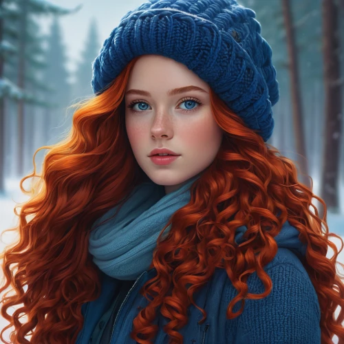 winterblueher,winter background,winter hat,merida,red-haired,mystical portrait of a girl,fantasy portrait,the snow queen,girl portrait,redhead doll,winter magic,winter dream,winter,winter dress,romantic portrait,redheads,winter clothes,winter clothing,girl wearing hat,winter forest,Conceptual Art,Sci-Fi,Sci-Fi 12