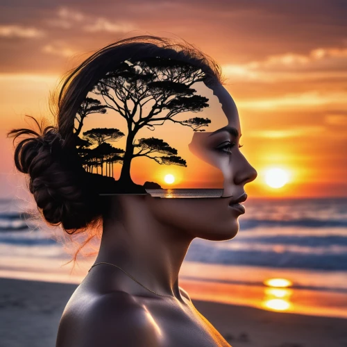 woman silhouette,woman thinking,silhouette art,self hypnosis,photo manipulation,girl on the dune,image manipulation,surrealism,mind-body,photomanipulation,mermaid silhouette,photoshop manipulation,sun reflection,nature and man,double exposure,conceptual photography,woman's face,mother nature,girl with tree,natural cosmetics