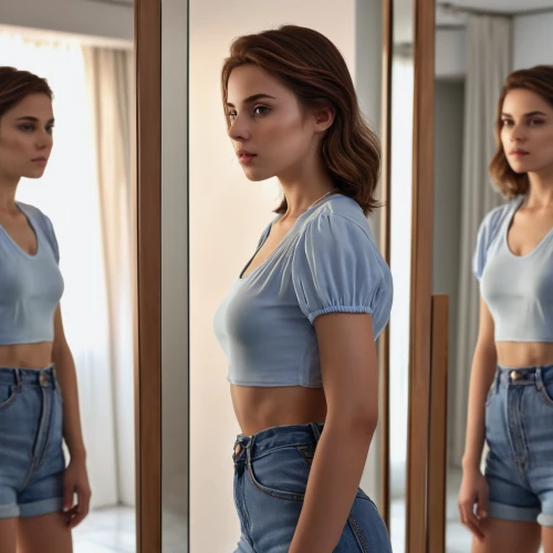 cotton top,in a shirt,crop top,mirror,jean shorts,in the mirror,denim,shorts,see-through clothing,jeans,valerian,mirrors,torn shirt,tee,fit,teen,confident,blue jeans,tshirt,mirror reflection,Photography,General,Realistic