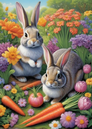easter rabbits,rabbits and hares,rabbits,rabbit family,bunnies,hares,carrots,hare field,peter rabbit,whimsical animals,female hares,love carrot,rabbit pulling carrot,domestic rabbit,bunny on flower,easter theme,springtime background,carrot pattern,florists,cute animals,Illustration,Realistic Fantasy,Realistic Fantasy 18