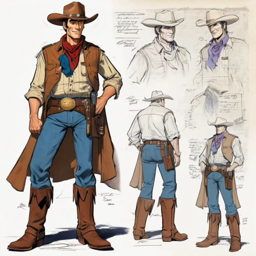 costume design,cowboy bone,gunfighter,cowboy,stetson,cowboys,sheriff,drover,cowboy beans,western,concept art,buckskin,western riding,cowboy action shooting,cowboy mounted shooting,male character,male poses for drawing,cow boy,revolvers,men clothes,Unique,Design,Character Design