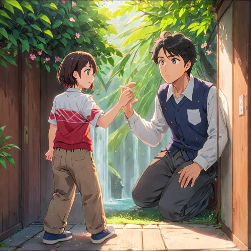 studio ghibli,heart in hand,girl and boy outdoor,helping hand,holding flowers,hands holding,floral greeting,romantic meeting,holding hands,proposal,serenade,boy and girl,romantic scene,playing outdoors,watering,hold hands,little boy and girl,encounter,hiyayakko,young couple,Anime,Anime,Traditional