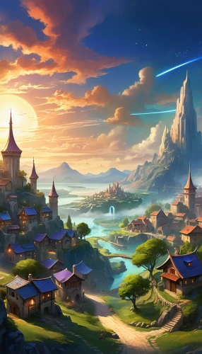 fantasy landscape,aurora village,hot-air-balloon-valley-sky,landscape background,fantasy city,mountain settlement,cartoon video game background,fantasy world,meteora,fantasy picture,knight village,futuristic landscape,world digital painting,mountain village,ancient city,fantasy art,cg artwork,dream world,background images,3d fantasy,Illustration,Realistic Fantasy,Realistic Fantasy 01