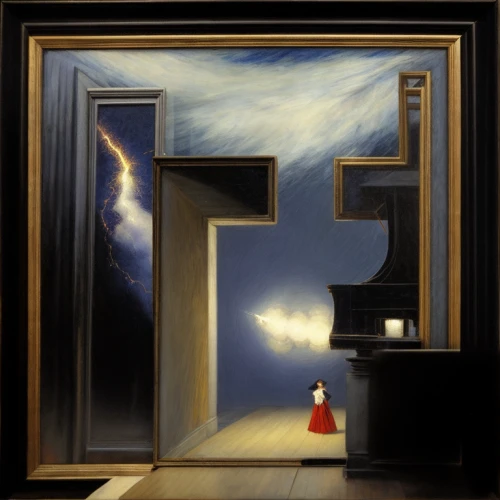 the threshold of the house,surrealism,the annunciation,threshold,train of thought,woman thinking,room creator,surrealistic,framing square,dire straits,the illusion,art deco frame,life stage icon,the door,keyhole,elevator,clockmaker,the mirror,mirror house,album cover,Calligraphy,Painting,Surrealism