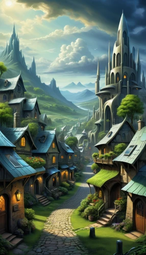 aurora village,mountain settlement,fantasy landscape,mountain village,alpine village,knight village,medieval town,wooden houses,fantasy picture,villages,fantasy city,world digital painting,escher village,ancient city,fantasy art,northrend,blocks of houses,fantasy world,cartoon video game background,hogwarts,Conceptual Art,Fantasy,Fantasy 30