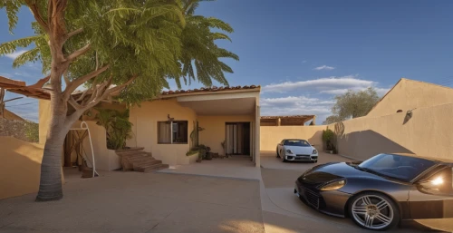 dunes house,driveway,admer dune,3d rendering,folding roof,desert safari,garage,cubic house,underground garage,classic car and palm trees,stucco wall,two palms,landscapre desert safari,the desert,dune ridge,mid century house,automotive exterior,palm springs,cube house,luxury property,Photography,General,Realistic