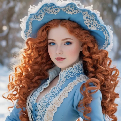 suit of the snow maiden,elsa,redhead doll,merida,the snow queen,victorian lady,celtic woman,redheads,winterblueher,winter dress,beautiful bonnet,red-haired,fairy tale character,white rose snow queen,cinderella,winter rose,female doll,redhead,white fur hat,blue snowflake,Conceptual Art,Fantasy,Fantasy 24