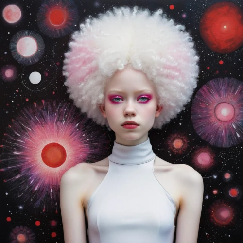 cosmic flower,star anemone,white cosmos,artificial hair integrations,celestial chrysanthemum,lychees,cosmos,pink anemone,afro,cosmic,science fiction,bouffant,outer space,heliosphere,mystical portrait of a girl,cosmos field,hericium,extraterrestrial life,science-fiction,red anemone,Illustration,Abstract Fantasy,Abstract Fantasy 04