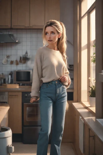 girl in the kitchen,trisha yearwood,advertising figure,high waist jeans,commercial,digital compositing,girl with cereal bowl,sweater,hips,cgi,long underwear,domestic,queen of puddings,carpenter jeans,waitress,proportions,real estate agent,barista,mother bottom,heidi country