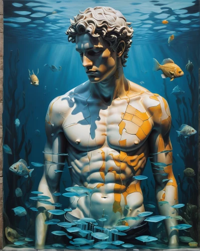 poseidon,god of the sea,merman,sea god,underwater background,the man in the water,michelangelo,aquaman,glass painting,swimmer,poseidon god face,submerged,narcissus,the body of water,plastic arts,sculpt,underwater playground,bodypainting,aqua studio,under the water,Illustration,Realistic Fantasy,Realistic Fantasy 24