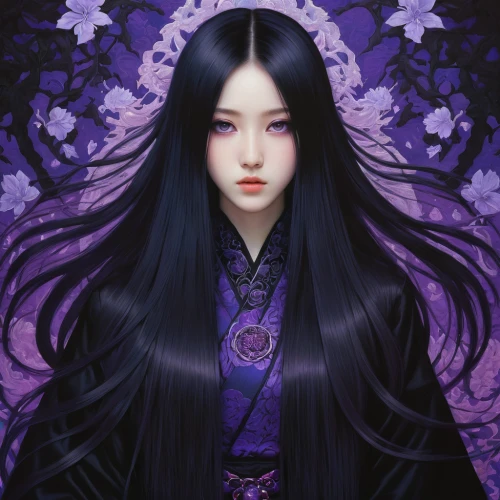 wisteria,oriental longhair,oriental princess,violet,fantasy portrait,mystical portrait of a girl,violet flowers,petals purple,veil purple,purple rose,the lavender flower,jasmine blossom,oriental girl,blue violet,pale purple,purple lilac,geisha,purple moon,violet eyes,violet colour,Illustration,Realistic Fantasy,Realistic Fantasy 08