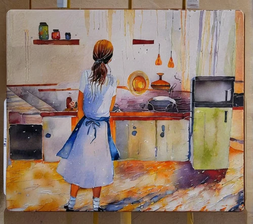 girl in the kitchen,cooking book cover,kitchen,kitchen work,watercolor painting,watercolor tea,watercolor cafe,tile kitchen,girl walking away,watercolor background,the kitchen,coffee watercolor,chopping board,big kitchen,girl with bread-and-butter,watercolor tea shop,kitchen counter,woman at cafe,ceramic hob,cutting board,Illustration,Paper based,Paper Based 03