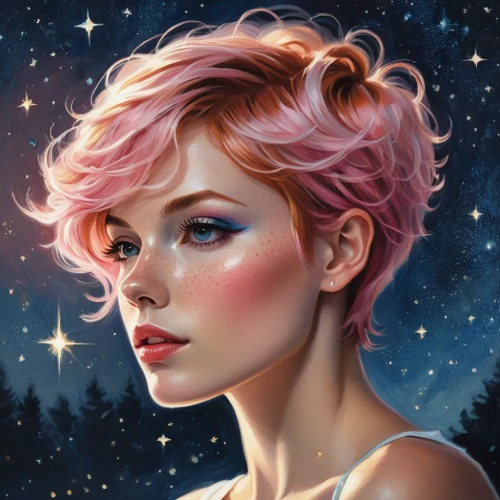 pixie-bob,fantasy portrait,digital painting,fae,fairy galaxy,pixie cut,pixie,girl portrait,aurora,portrait background,world digital painting,pink beauty,romantic portrait,digital art,mystical portrait of a girl,pink hair,starry,virgo,sky rose,custom portrait,Illustration,Realistic Fantasy,Realistic Fantasy 16