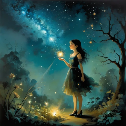 fantasy picture,fireflies,faerie,astronomer,mystical portrait of a girl,starry sky,firefly,constellation lyre,fairytales,starlight,the night of kupala,light of night,falling star,sci fiction illustration,fairy tales,fairy galaxy,the girl in nightie,little girl fairy,fairies aloft,fantasy art,Illustration,Realistic Fantasy,Realistic Fantasy 16