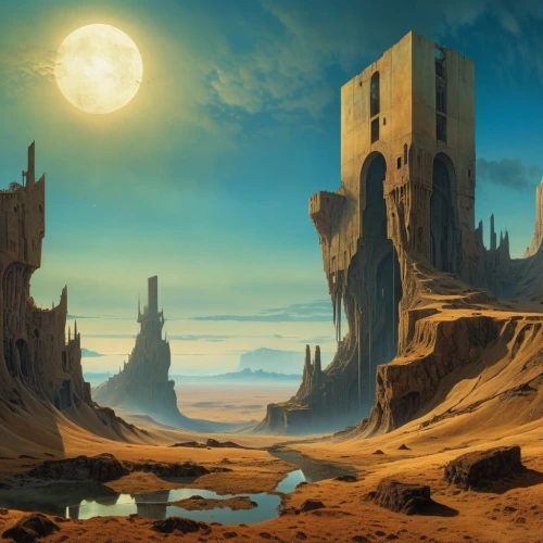 fantasy landscape,futuristic landscape,lunar landscape,desert landscape,dune landscape,ancient city,desert desert landscape,stone desert,moon valley,ruined castle,concept art,desert planet,barren,the ruins of the,terraforming,an island far away landscape,world digital painting,sci fiction illustration,fantasy picture,valley of the moon,Photography,General,Realistic