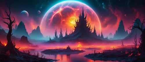 fantasy landscape,alien world,mushroom landscape,fire planet,alien planet,volcanic landscape,volcano,futuristic landscape,volcanic field,volcanic,fire background,scorched earth,burning earth,fantasy picture,lava,volcanism,stalagmite,forest fire,fire mountain,volcanos,Illustration,Realistic Fantasy,Realistic Fantasy 37