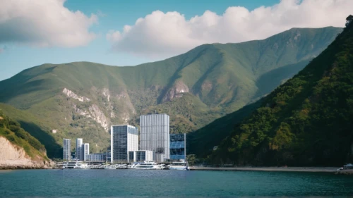 hydropower plant,floating production storage and offloading,digital compositing,imperial shores,futuristic landscape,artificial island,concrete ship,futuristic architecture,building valley,hydroelectricity,very large floating structure,island suspended,the skyscraper,power towers,cube stilt houses,hong kong,solar cell base,artificial islands,lago grey,monolith