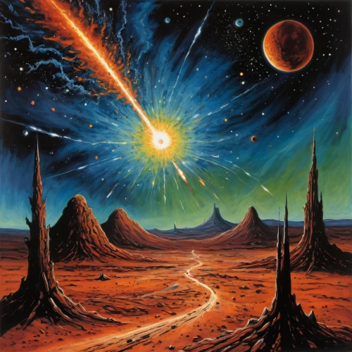 meteor,fire planet,solar wind,solar eruption,planet eart,alien planet,meteor rideau,binary system,planetary system,space art,volcanic landscape,asteroid,asteroids,alien world,red planet,volcanism,exoplanet,valley of the moon,volcanic field,phase of the moon,Illustration,Realistic Fantasy,Realistic Fantasy 33