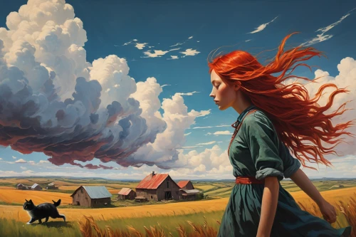 little girl in wind,transistor,fantasy picture,world digital painting,sci fiction illustration,scythe,prairie,wind,girl with dog,fantasy art,ear of the wind,winds,red cloud,wind machine,the wanderer,red-haired,windy,wind warrior,high landscape,wind wave,Conceptual Art,Fantasy,Fantasy 15