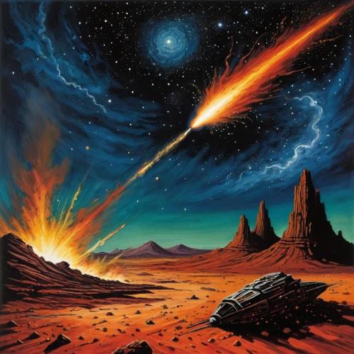 meteor,meteor rideau,asteroids,meteorite impact,meteorite,asteroid,meteor shower,fire planet,meteoroid,volcanism,space art,perseids,volcanic landscape,perseid,scorched earth,galaxy collision,volcanic,astronomy,burning earth,scene cosmic,Illustration,Realistic Fantasy,Realistic Fantasy 33