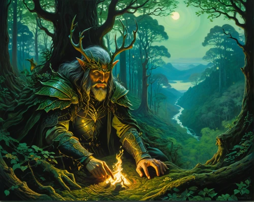 forest man,druid grove,elven forest,druid,druids,magus,scandia gnome,waldmeister,wood elf,shamanism,woodsman,elven,forest background,the wizard,gandalf,devilwood,shamanic,holy forest,jrr tolkien,male elf,Illustration,Realistic Fantasy,Realistic Fantasy 03