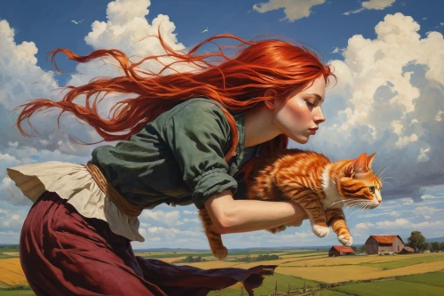 red tabby,little girl in wind,red cat,firestar,flying girl,ginger kitten,redheads,ritriver and the cat,ginger cat,cats playing,cat lovers,fantasy art,fantasy picture,leaping,cat tail,sci fiction illustration,cat sparrow,leap for joy,woman playing,pounce,Conceptual Art,Fantasy,Fantasy 15