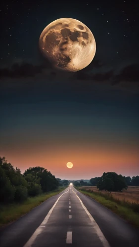night highway,long road,road to nowhere,the road,open road,empty road,road,road of the impossible,the way,straight ahead,roads,full moon,moon photography,moonlit night,the road to the sea,moonrise,big moon,choose the right direction,road forgotten,vanishing point,Photography,General,Cinematic