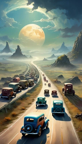 route 66,route66,the road,street canyon,cartoon video game background,open road,road of the impossible,world digital painting,3d car wallpaper,futuristic landscape,racing road,mountain highway,mountain road,long road,highway,roads,fantasy landscape,road to nowhere,night highway,classic cars,Illustration,Realistic Fantasy,Realistic Fantasy 01